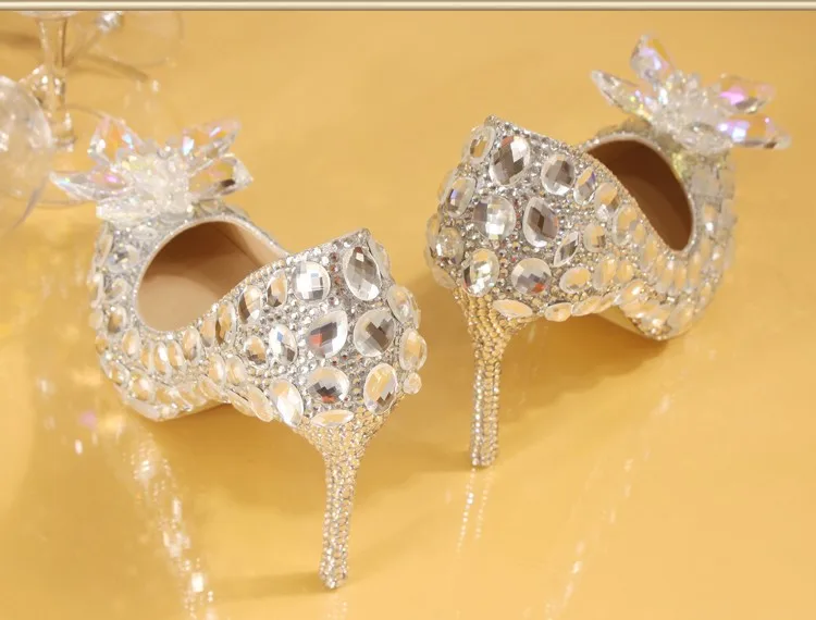 Серебряный обувь с украшением в виде кристаллов невест обувь свадебные туфли с sharp принцессы воды дрель Невеста банкет Девушка Пользовательские подарок