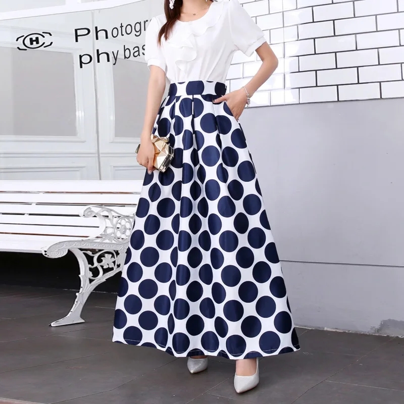 

Long Pleated Maxi Skirt Summer 2019 Jupe Longue Femme Vintage High Waisted Polka Dot Skirts Womens Big Swing Plus size 3XL
