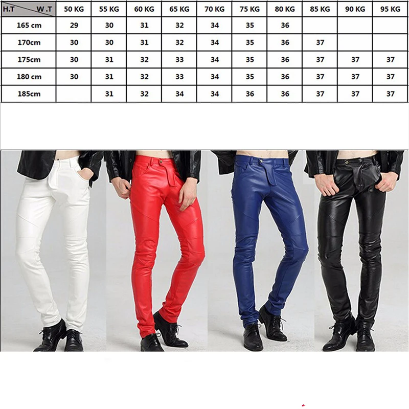 Quality PU Winter Line Sexy Red Slim Tight Male Leather Pant Men Motorcycle Black Skinny Biker Trouser Leather Jogger Blue White