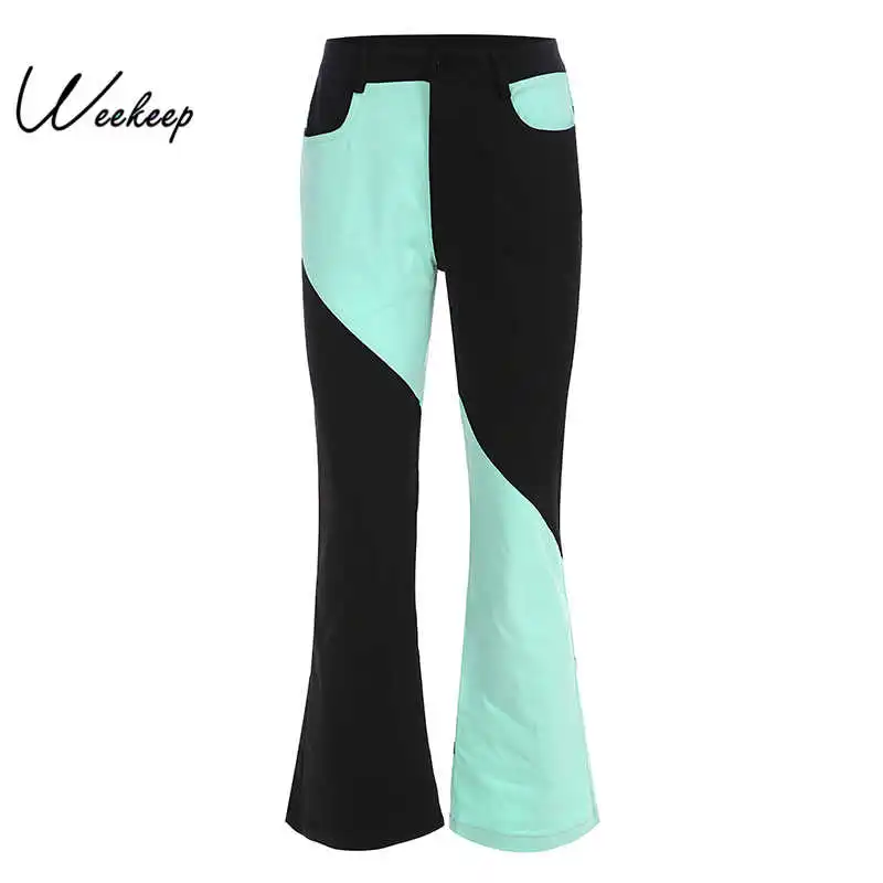 

Weekeep High Waist Patchwork Bell Bottom Pants Women High Street Trousers 2019 Button Pockets Patchwork Pants