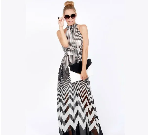 Hot sale XS- XXL 2014 Geometrical Wave Stripes Stitching Perspective Halter Maxi Long Chiffon Full Dress Free Shipping | Женская одежда