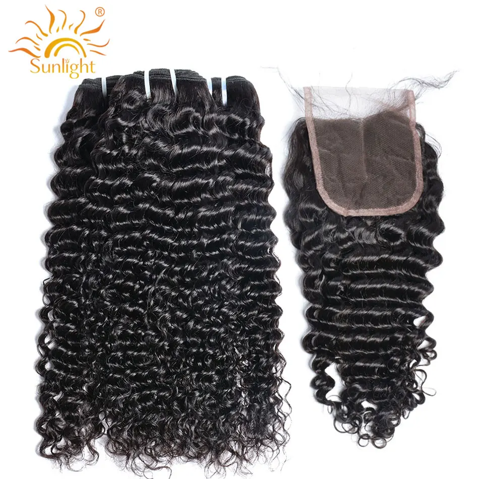 

Brazilian Deep Wave Bundles With Closure Sunlight Human Hair Weave Curly Bundles With Closure NonRemy Hair With Closure 4pcs/Lot