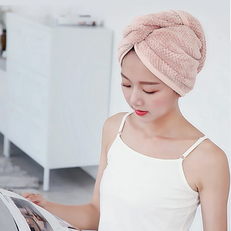 EHEH Solid Color Hair Dry Cap Wrap Turban Drying Bath Shower Hat with Button Bathroom Magic Dry Hair Hat Magic Hair Dryer