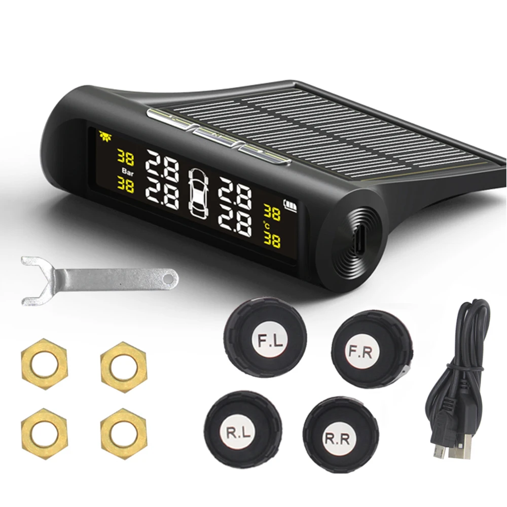 Автомобильный TPMS система контроля давления в шинах Солнечная зарядка HD цифровой ЖК-дисплей Авто сигнализация беспроводной с 4 датчиком укладки