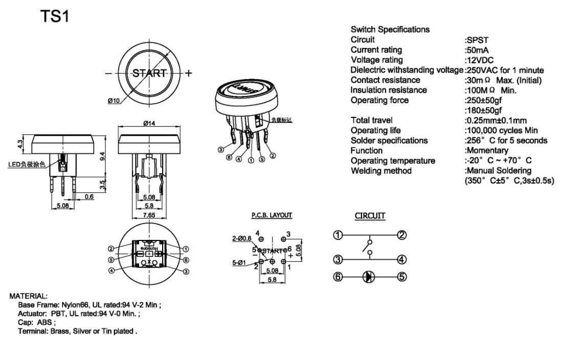 5 шт. TS1-5A КРУГЛЫЙ 14 мм старт символ Белый светодиодный Мгновенный SPST PCB Мини кнопочный переключатель