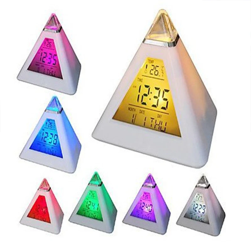 

7 Color Glowing LED Change Digital Alarm Clock Thermometer Triangle Clock Time Night Glowing Cub Data Week Temperature Display