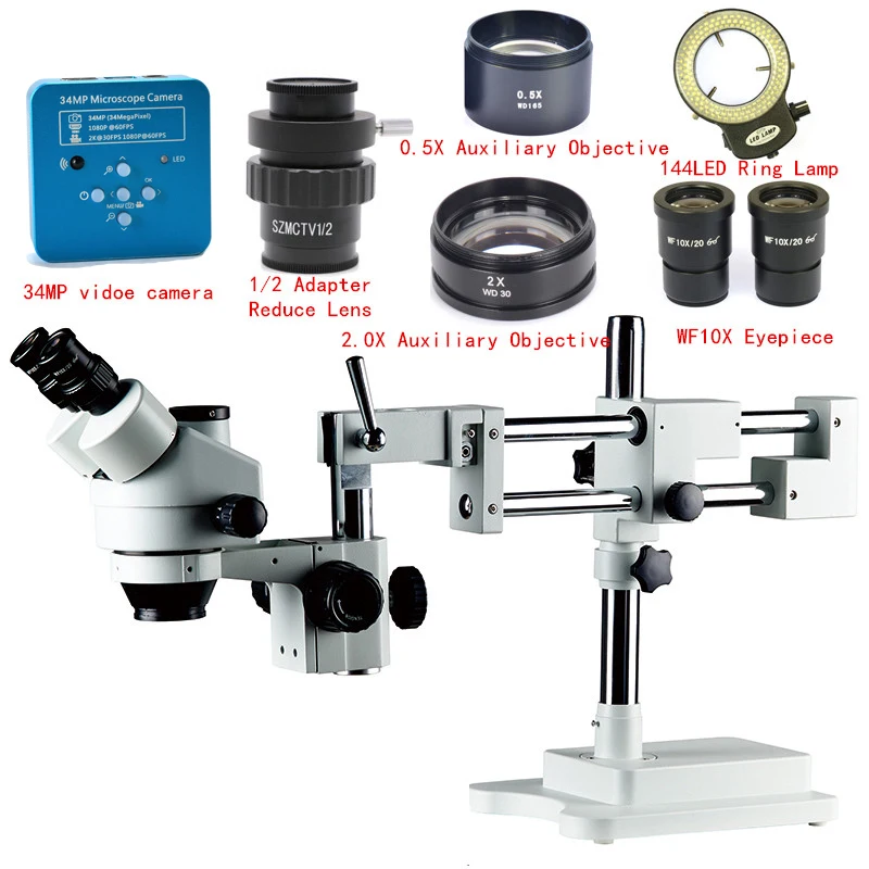 

34MP Industrial Camera 3.5X 7X 45X 90X Double Boom Stand Zoom Simul Focal Trinocular Stereo Microscope For Industrial PCB Repair