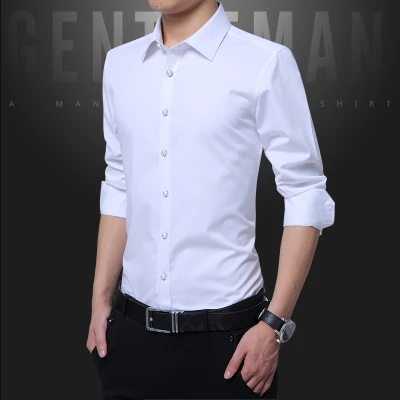 MIACAWOR, новая однотонная мужская рубашка, Повседневная приталенная Мужская рубашка с длинным рукавом, мужская рубашка, Мужская одежда, 4XL 5XLC374 - Цвет: Белый