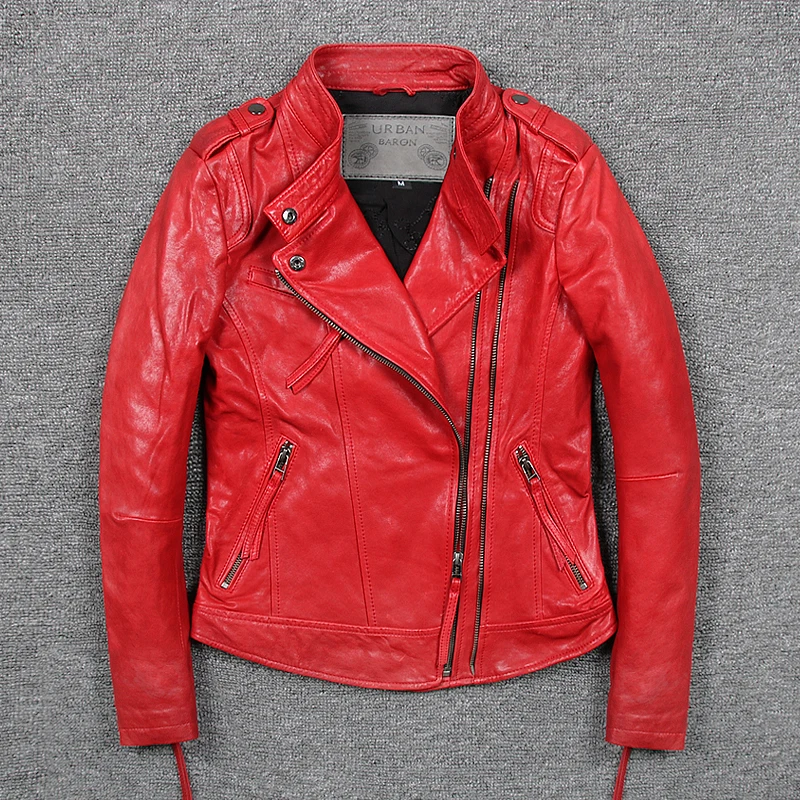 

Free Shipping Short Length Women Leather Jackets Slim Sheepskin Red Color Genuine Leather Jackets Locomotive