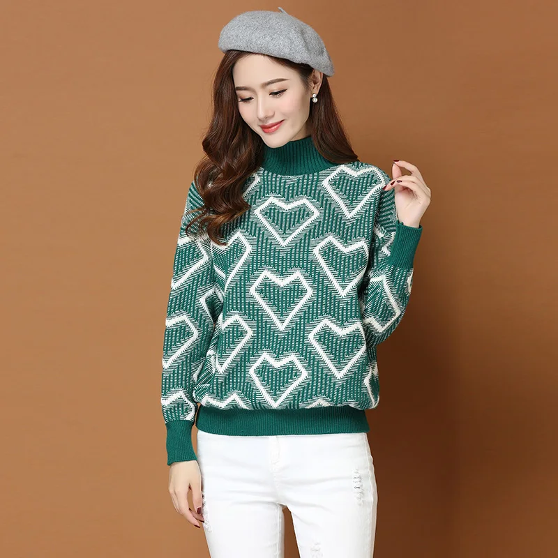 ^Cheap Brand Short Sweater Fall Winter Women Sweater New Hit Color Love Pattern Knit Turtleneck Sweater Casual Loose Pullover Sweater ^Cheap Brand Short Sweater Fall Winter Women Sweater New Hit Color Love Pattern Knit Turtleneck Sweater Casual Loose Pullover Sweater