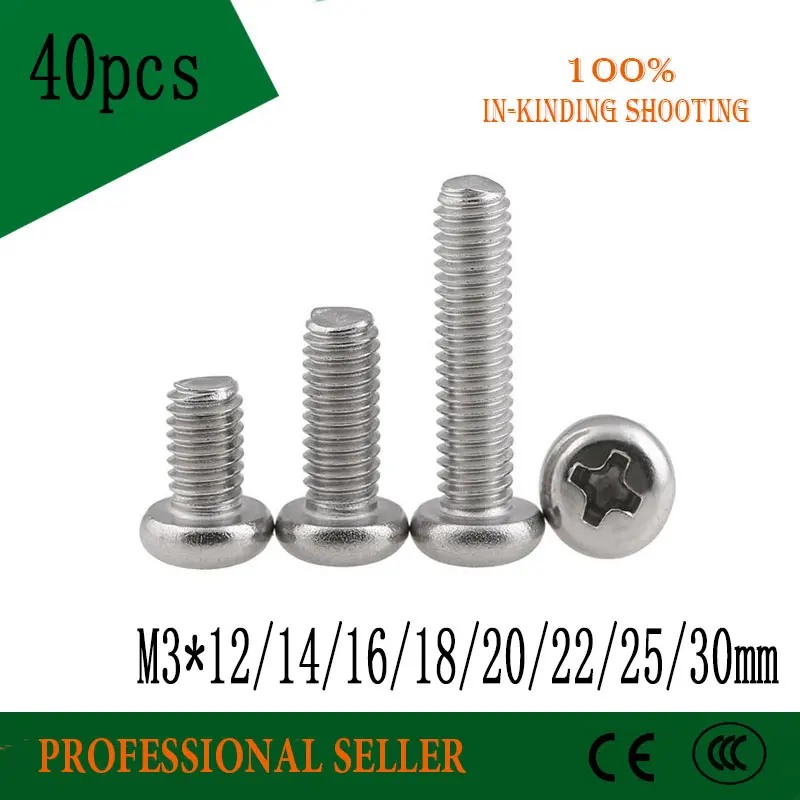 

40PCS M3*12/14/16/18/20/22/25/30 mm screw GB818 half round 304 Stainless Steel flat Phillips head cross Truss head screw