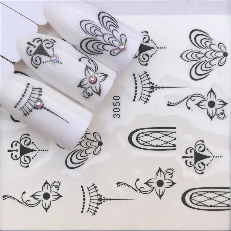 WUF 25 дизайнов на выбор для дизайна ногтей Французский черный кружевной дизайн цветы переводная вода полное покрытие наклейки для ногтей Наклейка - Цвет: YZW-3050