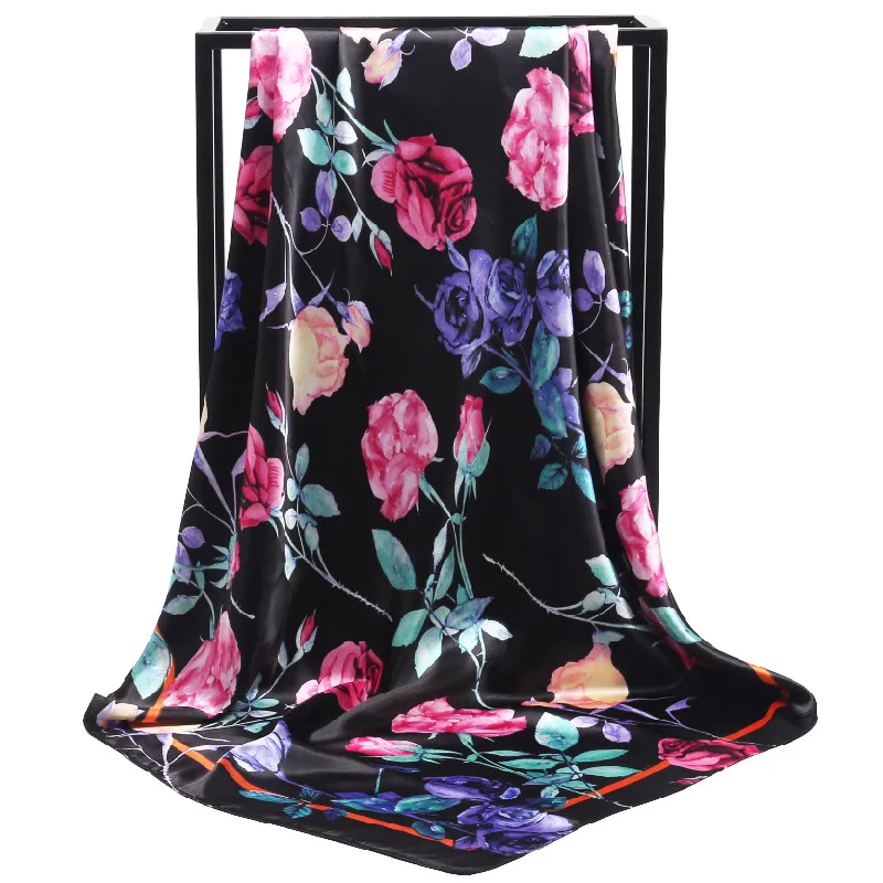 

2018 Hijab Silk Scarf Women Fashion Big Flower Print Square Head Scarves New Luxury Brand Satin Head Wraps Shawl 90x90cm