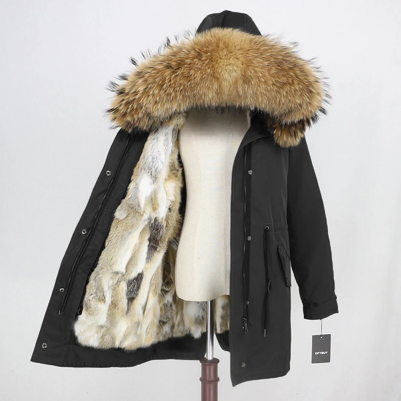 Зимняя куртка женская брендовая Водонепроницаемая длинная парка пальто из натурального меха енота воротник из натурального меха кролика съемная подкладка теплая - Цвет: black natural 2