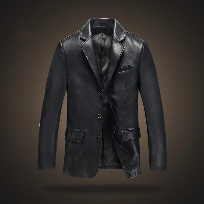 2015 Luxury Brand Leather Blazer Men Single Breasted