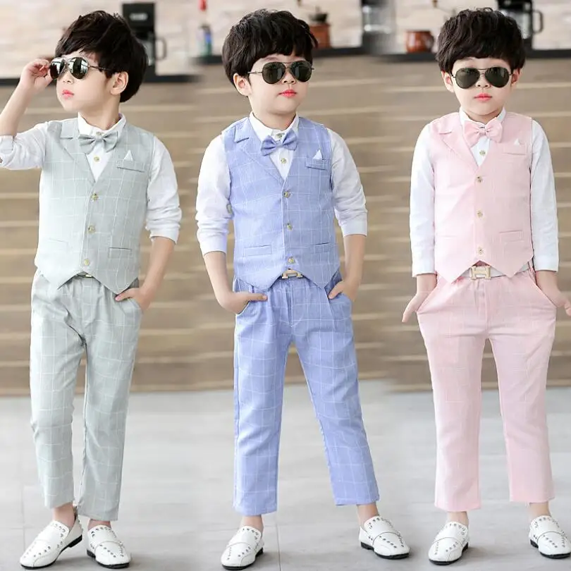 

Kids sets for Boys Formal Suits Birthday Wedding Party Dress Shirt Gentleman Waistcoat Vest Pants Bow tie Korean Style Children