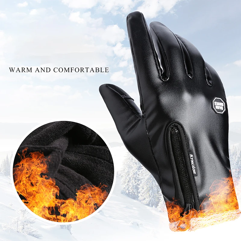 Leather Unisex Waterproof Winter Gloves Cycling Fluff Warm Gloves For Touchscreen Cold Weather Windproof Anti Slip Cycling Glove