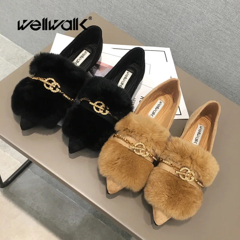 

Winter Shoes Women Ballet Flats Luxury Fur Slip On Shoes For Women Pointed Toe Loafers Buckle Decoration Moccasin Casual Shoes