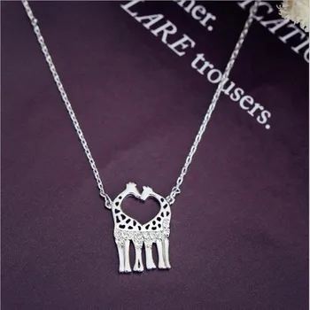 

New Arrival Persoanality Cute Animal 925 Sterling Silver Jewelry Wholesale Double Giraffe Crystal Female Pendant Necklace H284