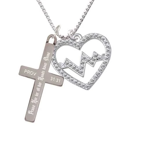 Large Clear Crystal Heart with Heartbeat - Praise Her - Cross Necklace (1)