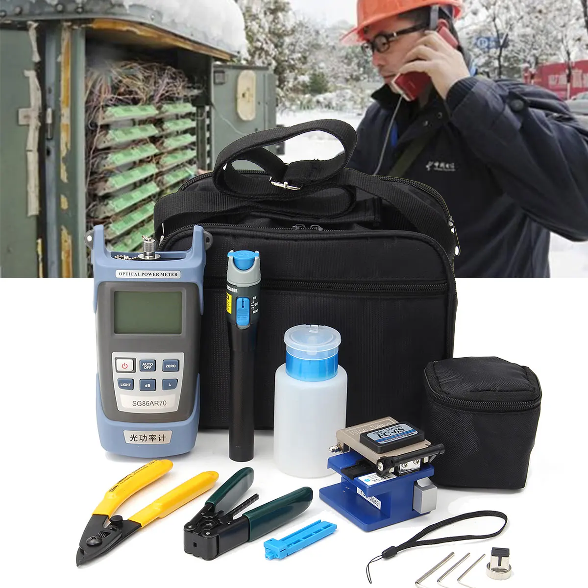 

12pcs/set Fiber Optic FTTH Tool Kit for FC-6S Fiber Cleaver and Optical Power Meter 5km Visual Fault Locator Wire stripper