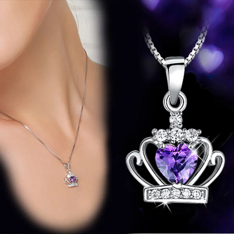 

Wholesale 925 sterling silver fashion shiny crystal crown ladies`pendant necklace jewelry female short box chain birthday gift