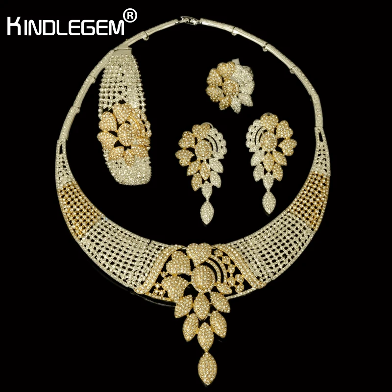 

Kindlegem 2018 New Luxury Sparkling Full Rhinestone Zircon Necklace Earrings Bracelet Ring For Women Dubai African Jewelry Set