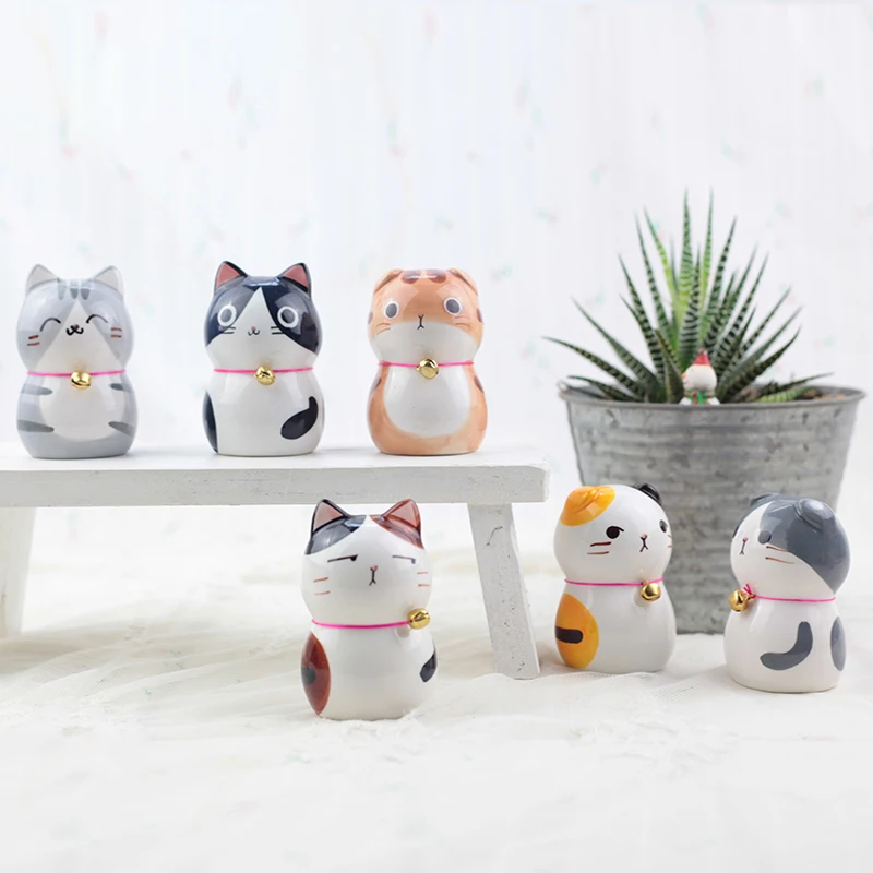 Набор из 6 керамических фигурки котят с колокольчиком фарфоровые ручной работы
