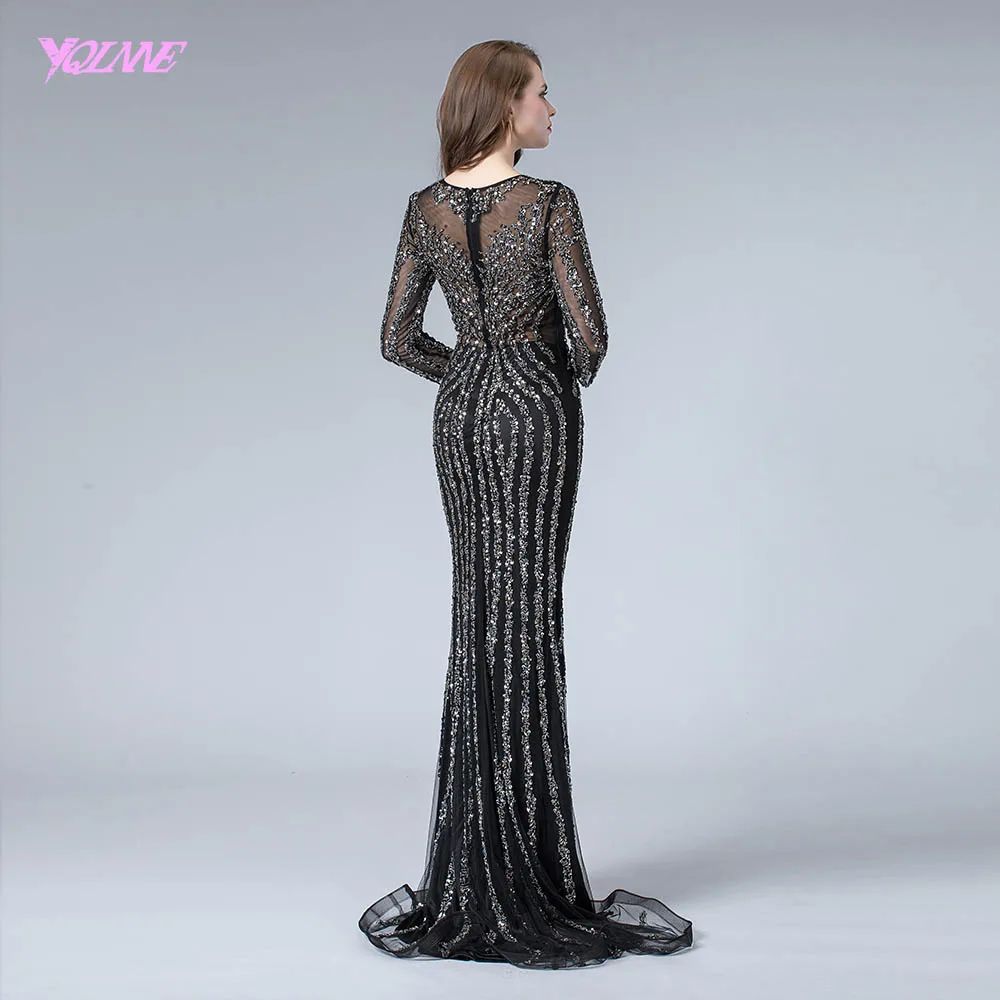 Black Full Sleeve Evening Dress Long Crystals Beaded Mermaid Dresses Formal Evening Gowns YQLNNE