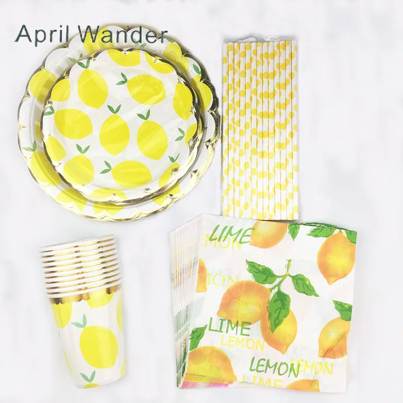 

Lovely Lemon fruit printed Party Plates Cups Napkins lemon paper straws for Happy Birthday Party Supplies Wedding party favors