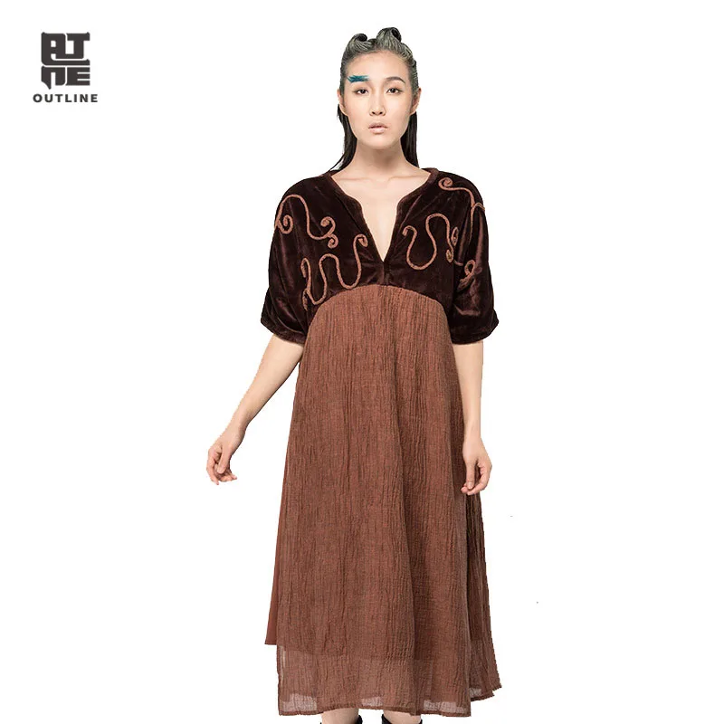 

Outline Women Summer Casual Dress Vintage V-neck Short Sleeve A-line Long Vestido Plus Size Tricolor Cotton Linen Dress L143Y007