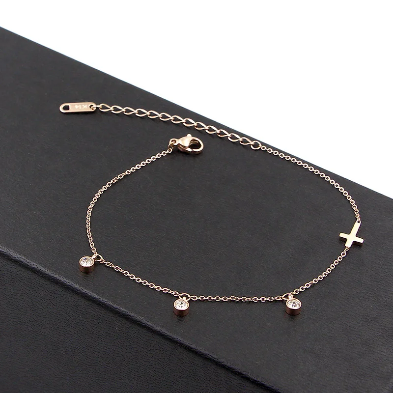 

Martick Top Grade Three Cubic Link Chain Foot Bracelets Cross Design For Woman Rose Gold Color Jewelry Waterproof Ank48