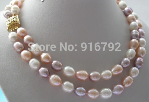 

(B0324) double 14mm white pink purple baroque freshwater pearls necklace 17-19