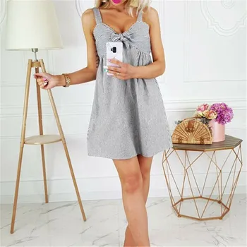 

New Boho Style Nice Women Strappy V -cut Bowknot Striped Short Mini Dress Party Night Summer Beach Holiday Dress