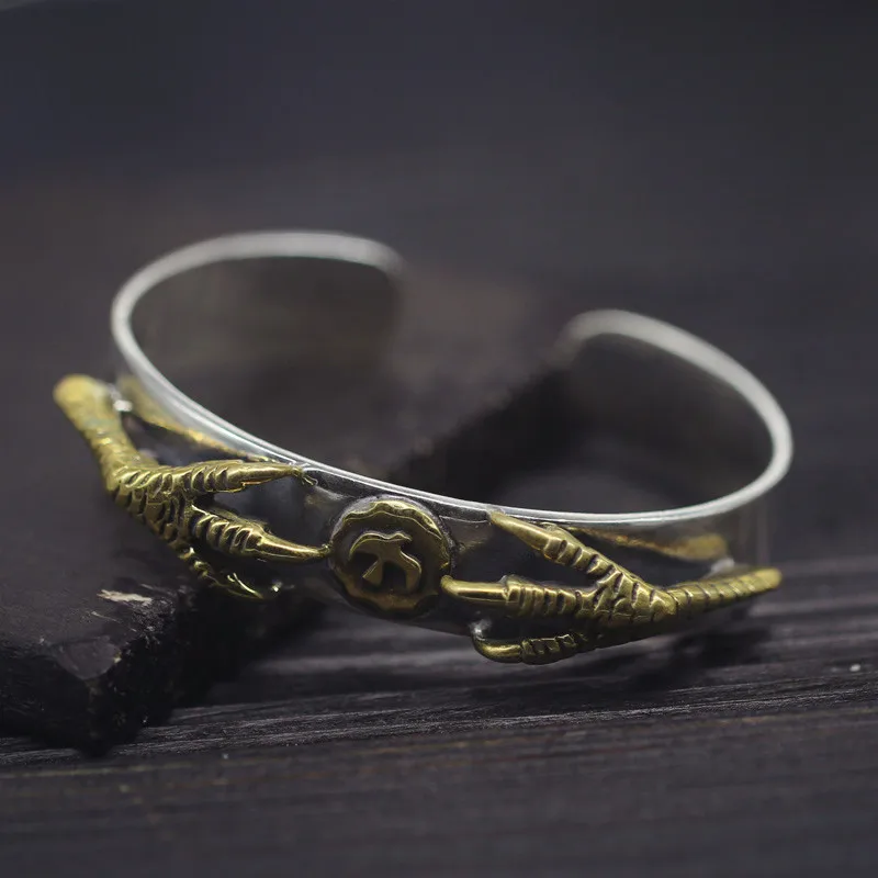 

Handmade Vintage Indian 925 Silver Eagle Bangle Bracelet Men With Brass Claw Pure Real 925 Sterling Silver Cool Punk Men Jewelry