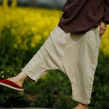 Для женщин летнее платье, дизайн, хлопковые брюки без левый карман с заниженным шаговым швом свободные большие Размеры тонкие льняные брюки для девочек D104