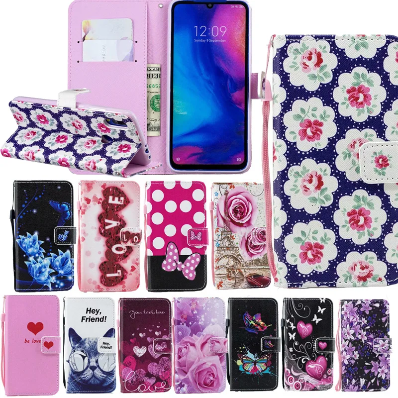 

Pattenred PU Leather Flip Wallet Phone Case Cover on sfor Xiaomi Mi 8 Lite Play Redmi Note 7 GO Cards Holder Stand Coque Fundas