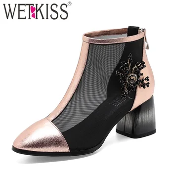 

WETKISS High Heels Ankle Boots Women Square Toe Zip Footwear Mesh Crystal Shoes Lady Cow Leather Shoes Woman Spring 2019 New