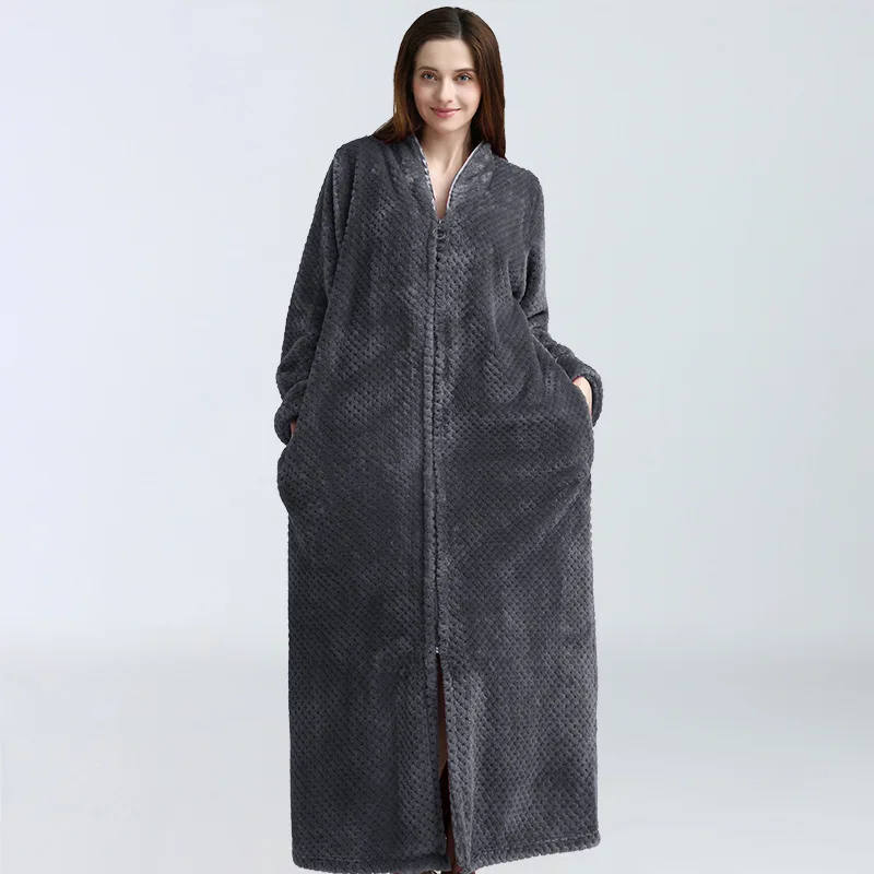 Women Long Zipper Robes Winter Full Sleeve Noble Bathrobe Soft Warm V Neck Sleepwear Dressing Gown With Pockets Szaty Vestaglie - Цвет: Темно-серый