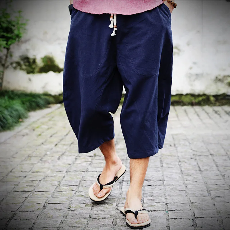 Мужские штаны-шаровары в китайском стиле из хлопка и льна, свободные штаны на шнуровке с эластичной резинкой на талии, летние мужские повседневные штаны плюс 4XL - Цвет: Navy blue