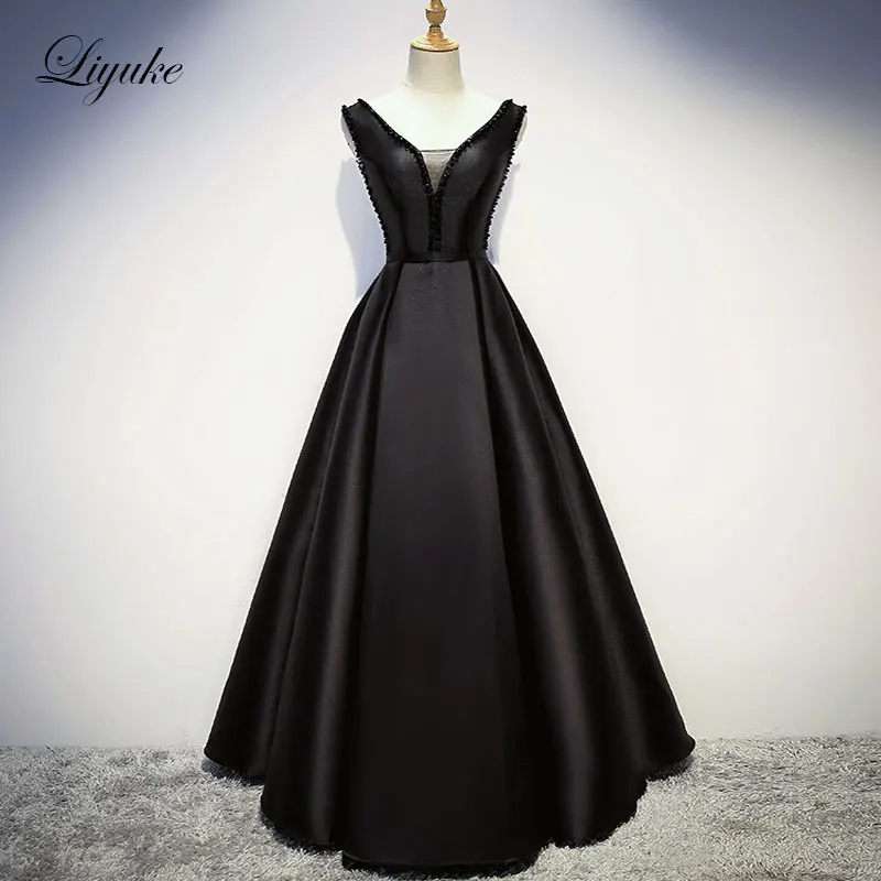 

Liyuke Attractive Satin V-Neck A-Line Evening Dress Sleeveless Lace Up Floor-Length Beading Pearls Elegant Long Prom Dresses
