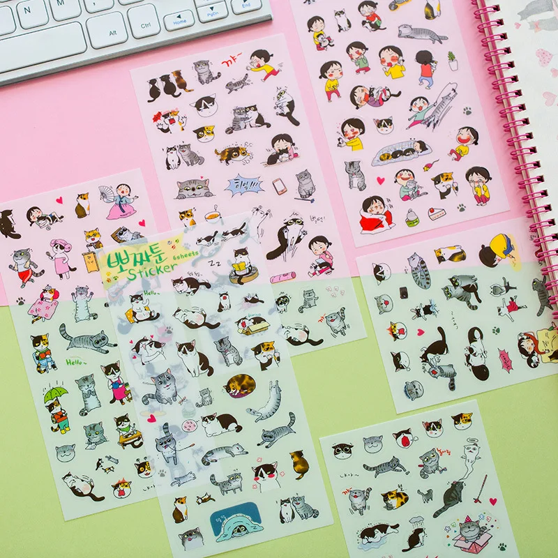 

(6 sheets/lot) Cartoon Animals Cats Sticker Kawaii Stickers Diary Scrapbook Decoration PVC Stationery Stickers