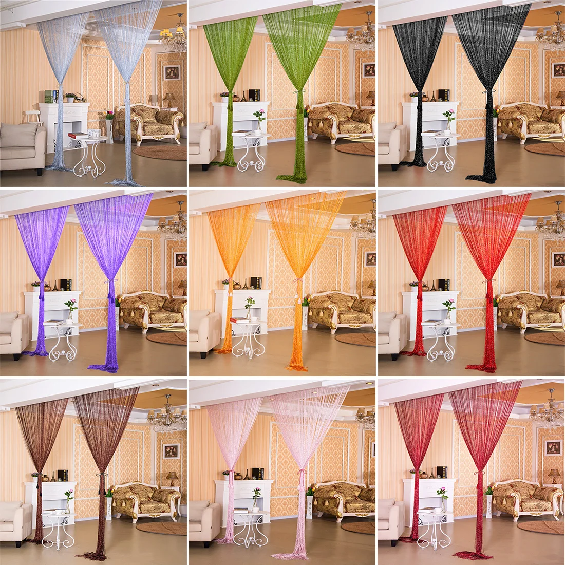 

Simple flashing lines home decoration flat silver silk curtains modern shiny tassel string curtain curtain partition curtain