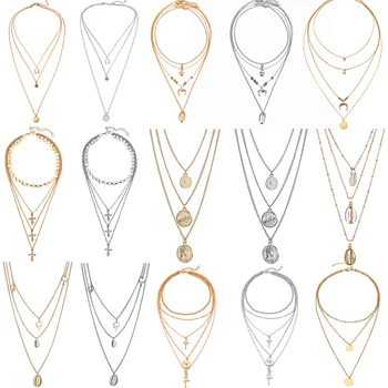 Women's Vintage Coin Shell Star Pendant Necklace 2019 Bohemian Multilayer Gold Silver Layered Moon Choker Necklace