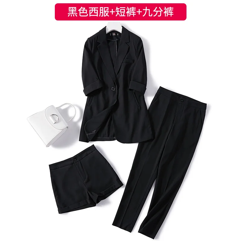 Модная одежда из 2 предметов для женщин Летний маленький костюм куртка женская рубашка Свободный Повседневный тонкий секционный черный костюм из двух предметов - Цвет: Three-piece