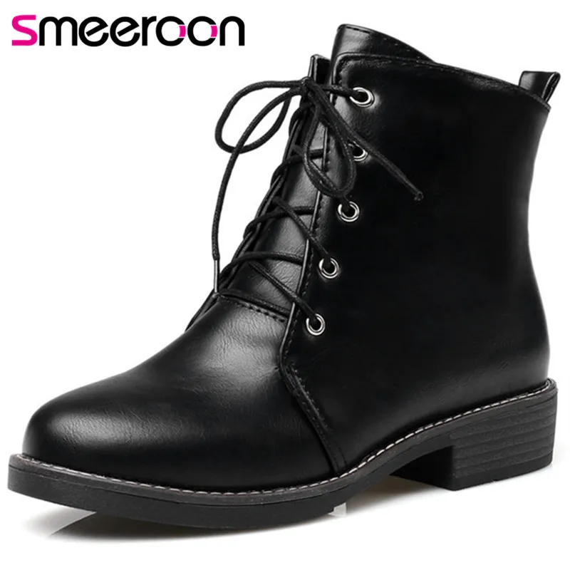 

Smeeroon 2018 fashion autumn winter boots women round toe low heels ankle boots lace up high quality pu leather boots big size