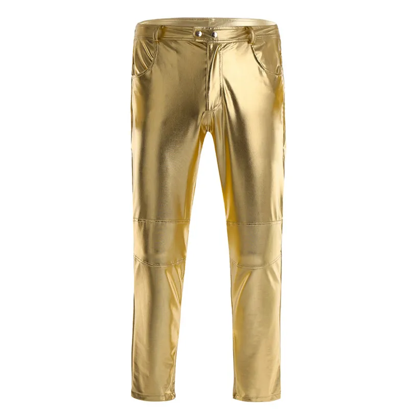 Сексуальные мужские из искусственной кожи обтягивающий мото Байкер обтягивающие Брюки Клубные леггинсы длинные брюки новые мужские из искусственной кожи зауженные длинные брюки - Цвет: Gold