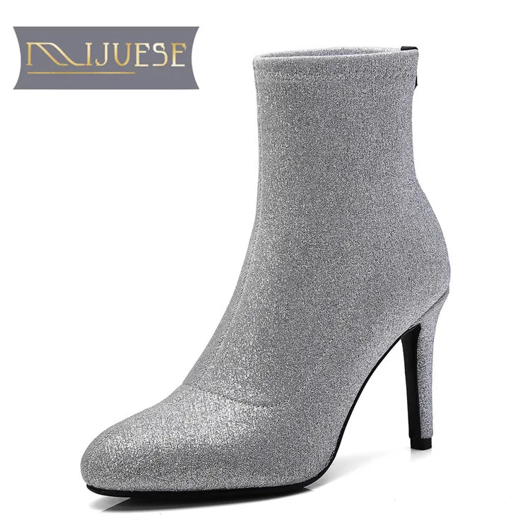 

MLJUESE 2018 women Mid calf boots Stretch Fabric silver color pointed toe high heel slip on autumn spring women martin boots