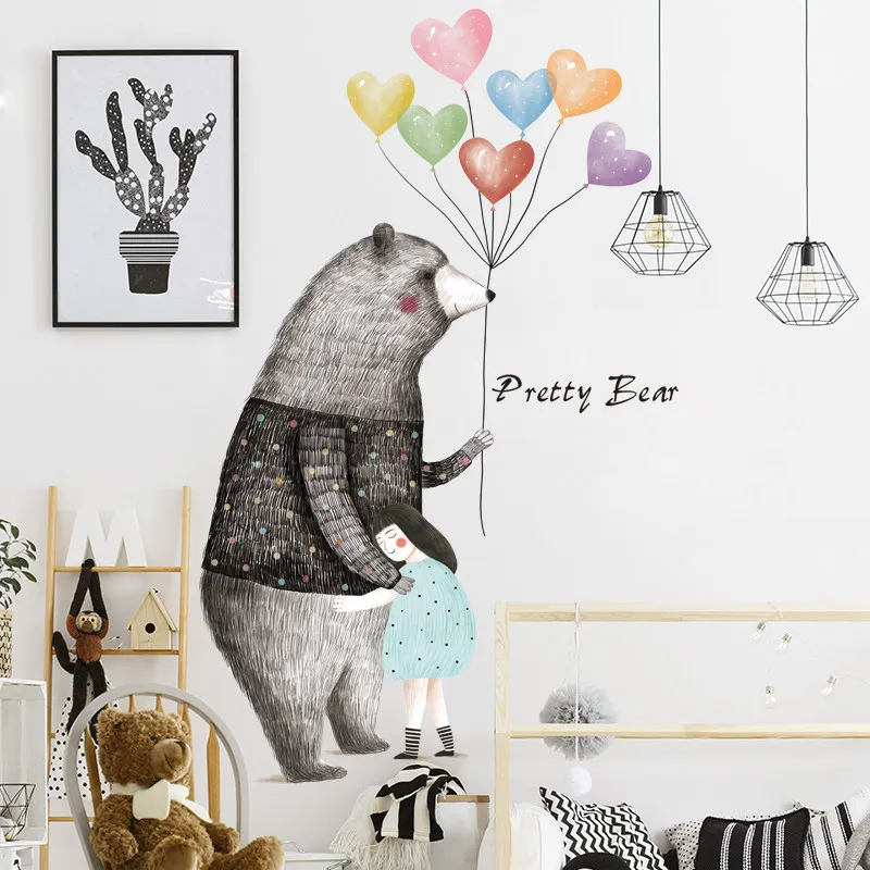 Наклейка на стену с изображением большого медведя из мультфильма для детской комнаты, украшение для комнаты для девочек, воздушный шар, сделай сам, художественный домашний декор, украшение для спальни в скандинавском стиле