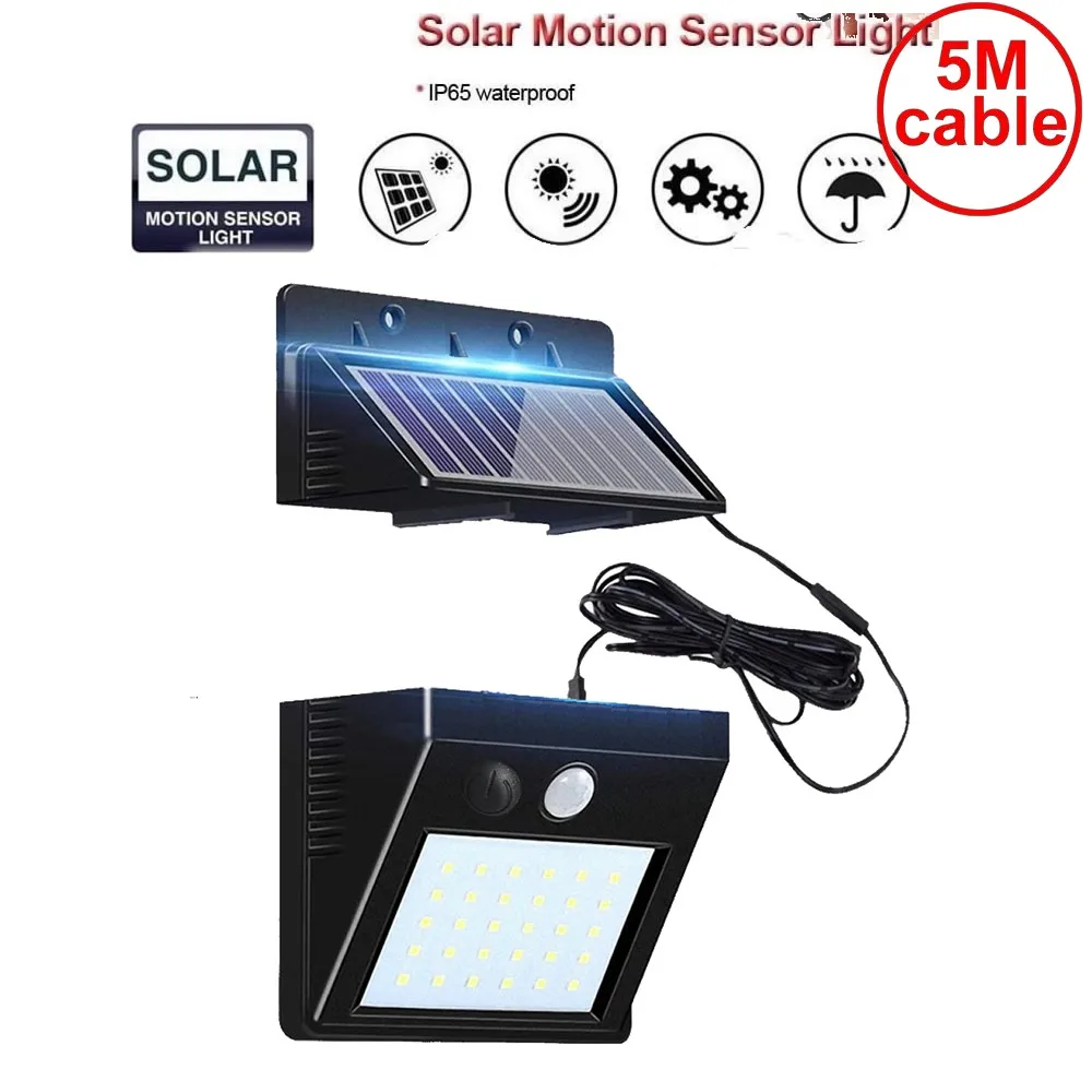 

30 led 500lm solar light split mount pIR motion sensor street wall indoor lamp spot floodlight for garage garden yard 5M cable